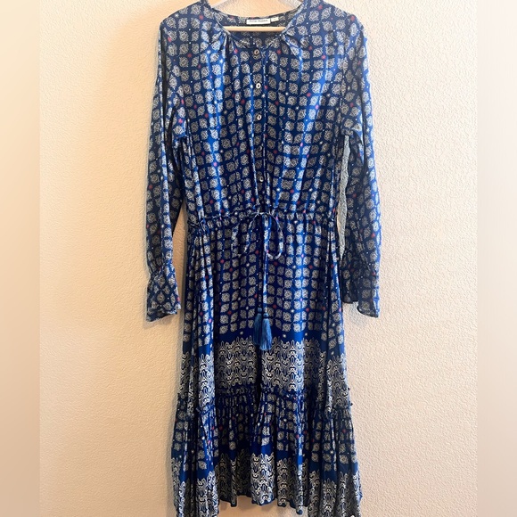 Roller Rabbit Margoa Boho Tiered Geometric Blue Dress Size Small - Picture 2 of 10